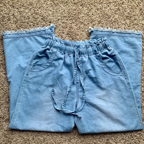 Wide Leg Pants Cotton High Rise Elastic Waist Blue Jeans Color Like EUC SZ US 8 - Picture 2 of 10